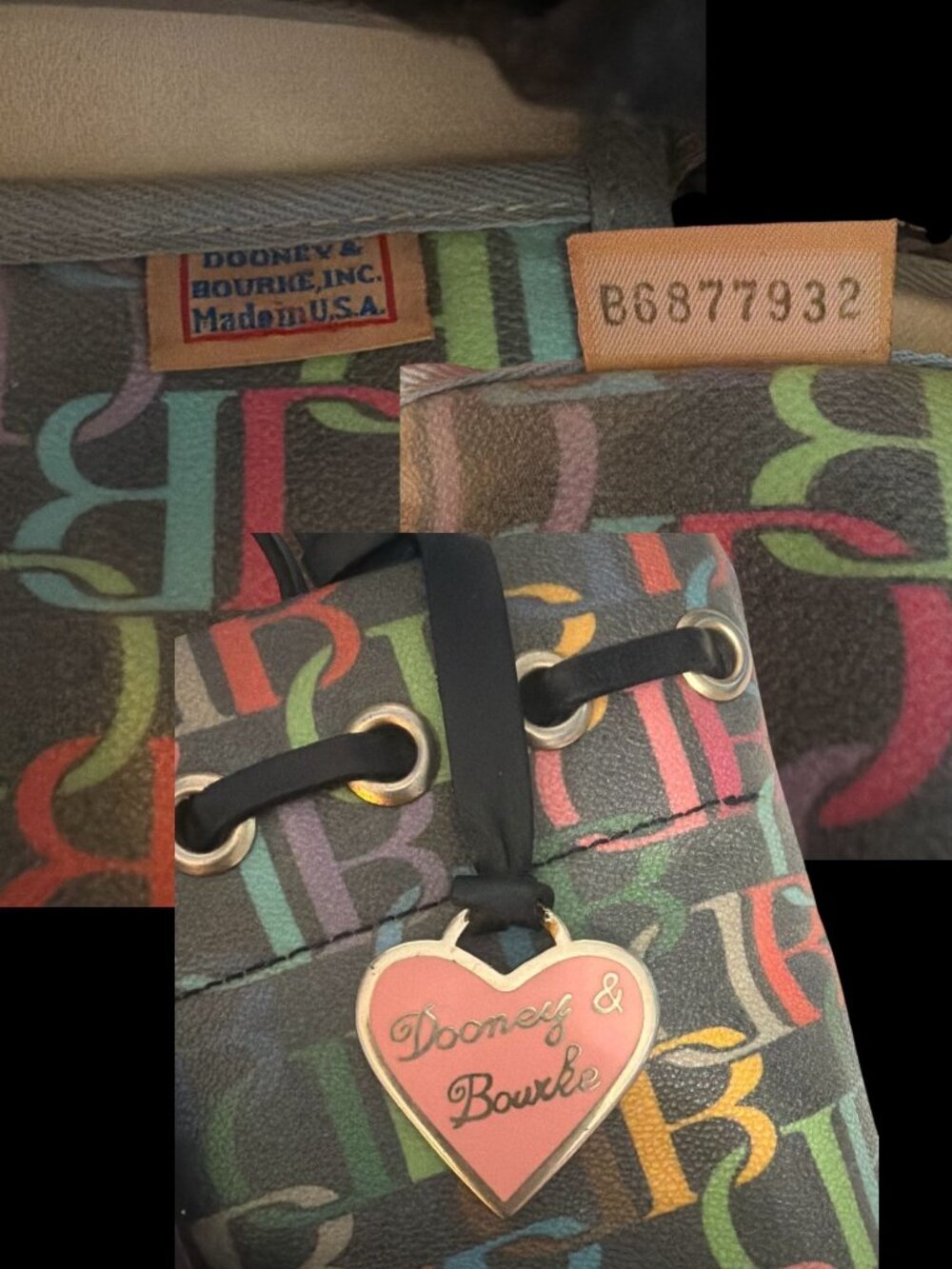 VTG Dooney & Bourke Rainbow Monogram Drawstring Tote B6877932 Black Leather 80s - Picture 8 of 9